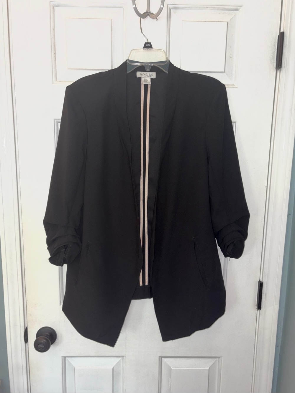 Rachel Zoe Black Lightweight Open Front 3/4 Ruched Sleeve Blazer Jacket